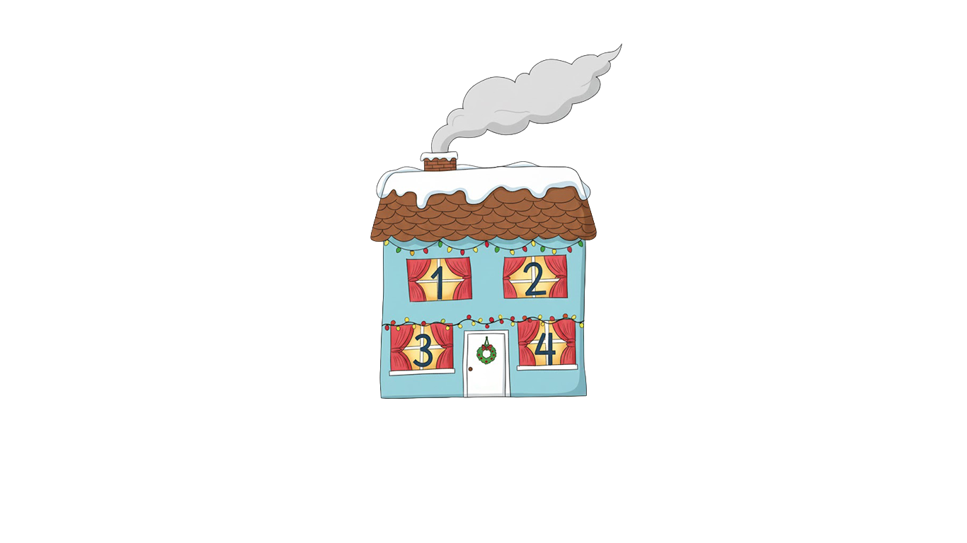 Tegnet adventskalender med nummererede låger og juleudsmykning, som repræsenterer UNICEF’s velgørenhedskampagner i december.