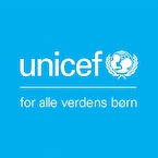Blåt logo af Unicef og deres slogan "for alle verdens børn"